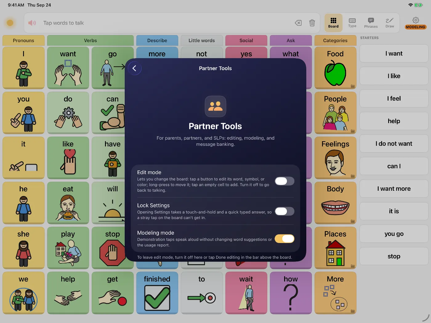 Dawn's Partner Tools on iPad: Edit mode, Lock Settings and Modeling mode, which is switched on