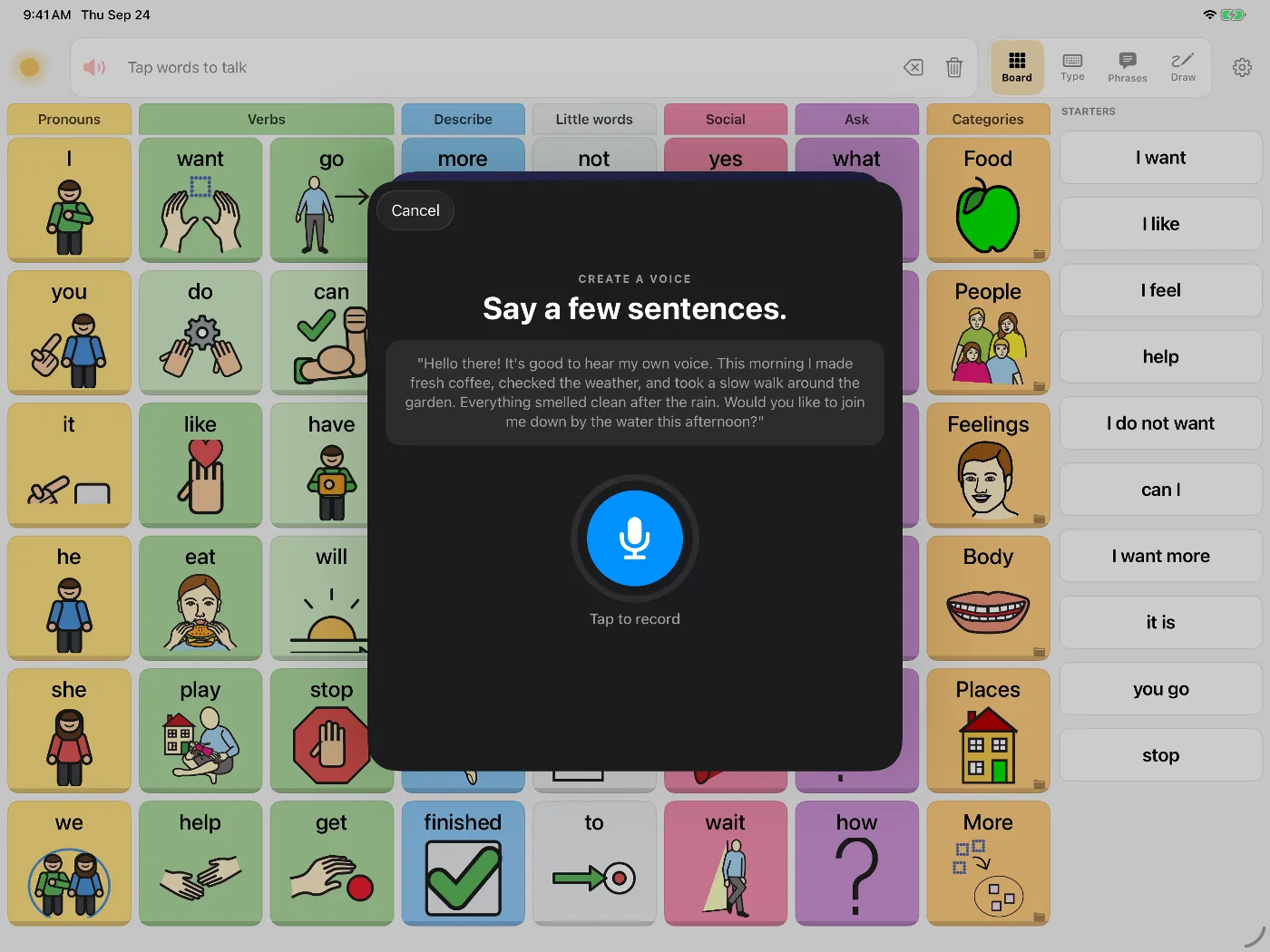 Dawn's Create a voice screen: a short passage to read aloud and a record button