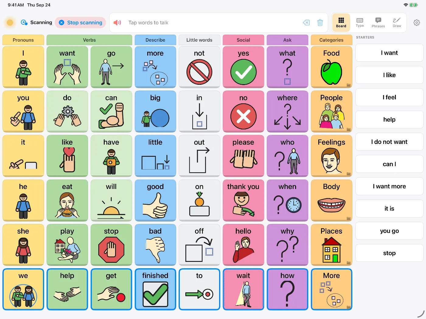 Dawn's symbol board on iPad in switch scanning mode, with the bottom row highlighted and a Stop scanning button