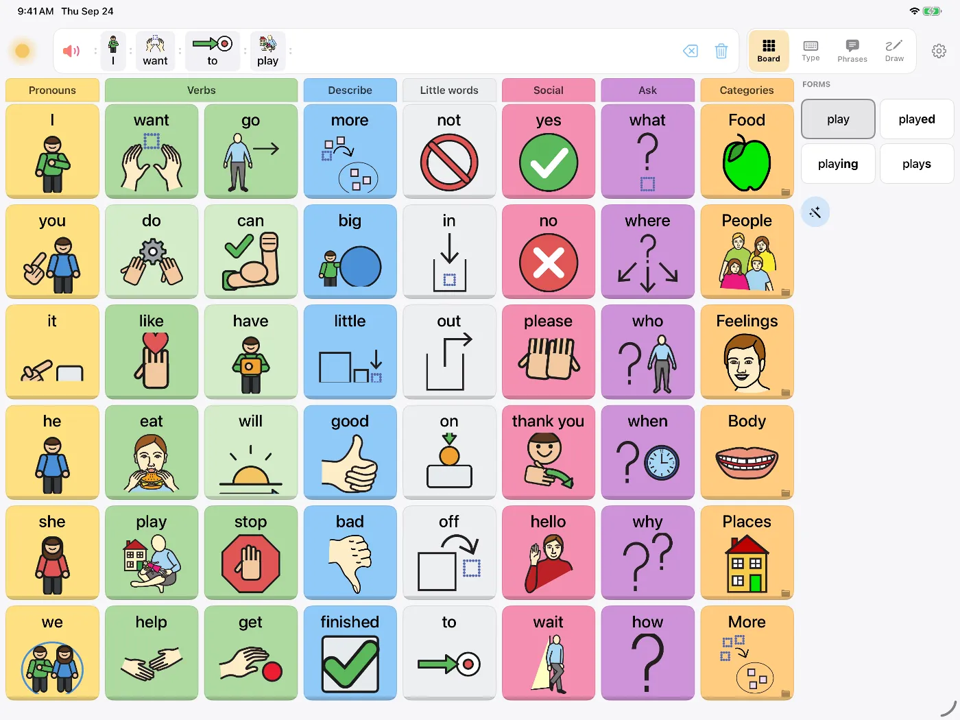 Dawn's symbol board on iPad with the message 'I want to play' built from symbols