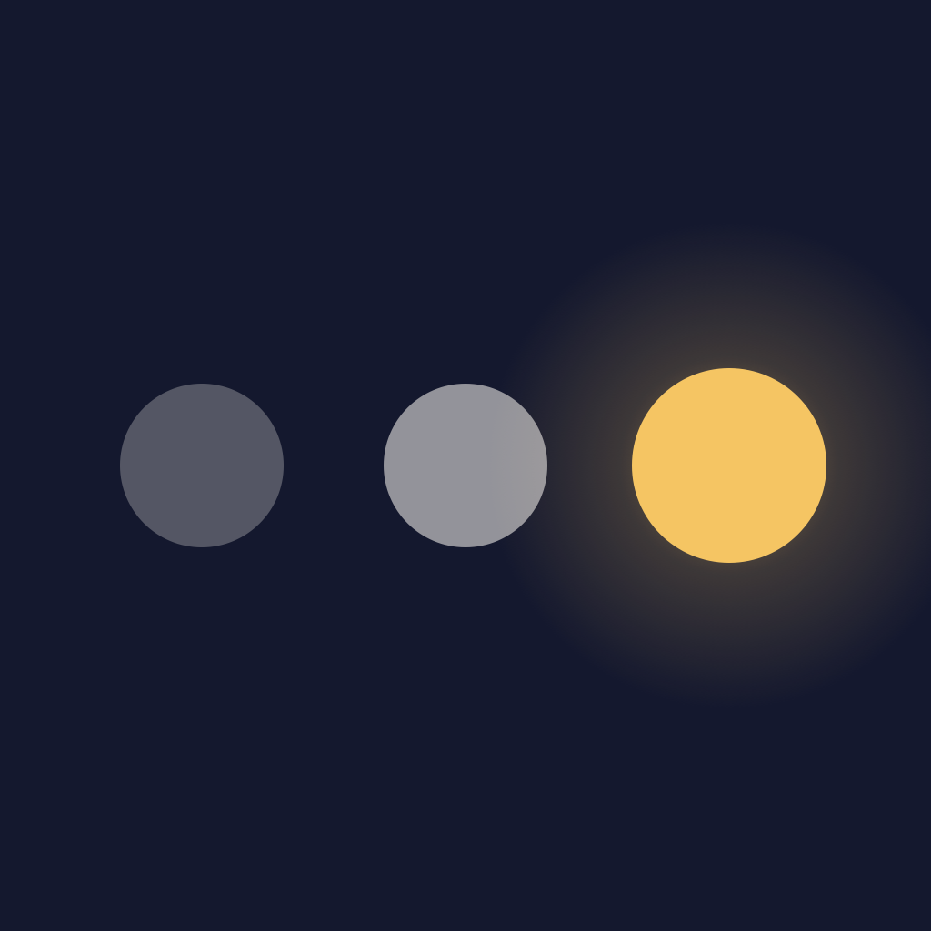 Dawn app icon: three dots like a typing indicator on deep navy, the third gold like a sun