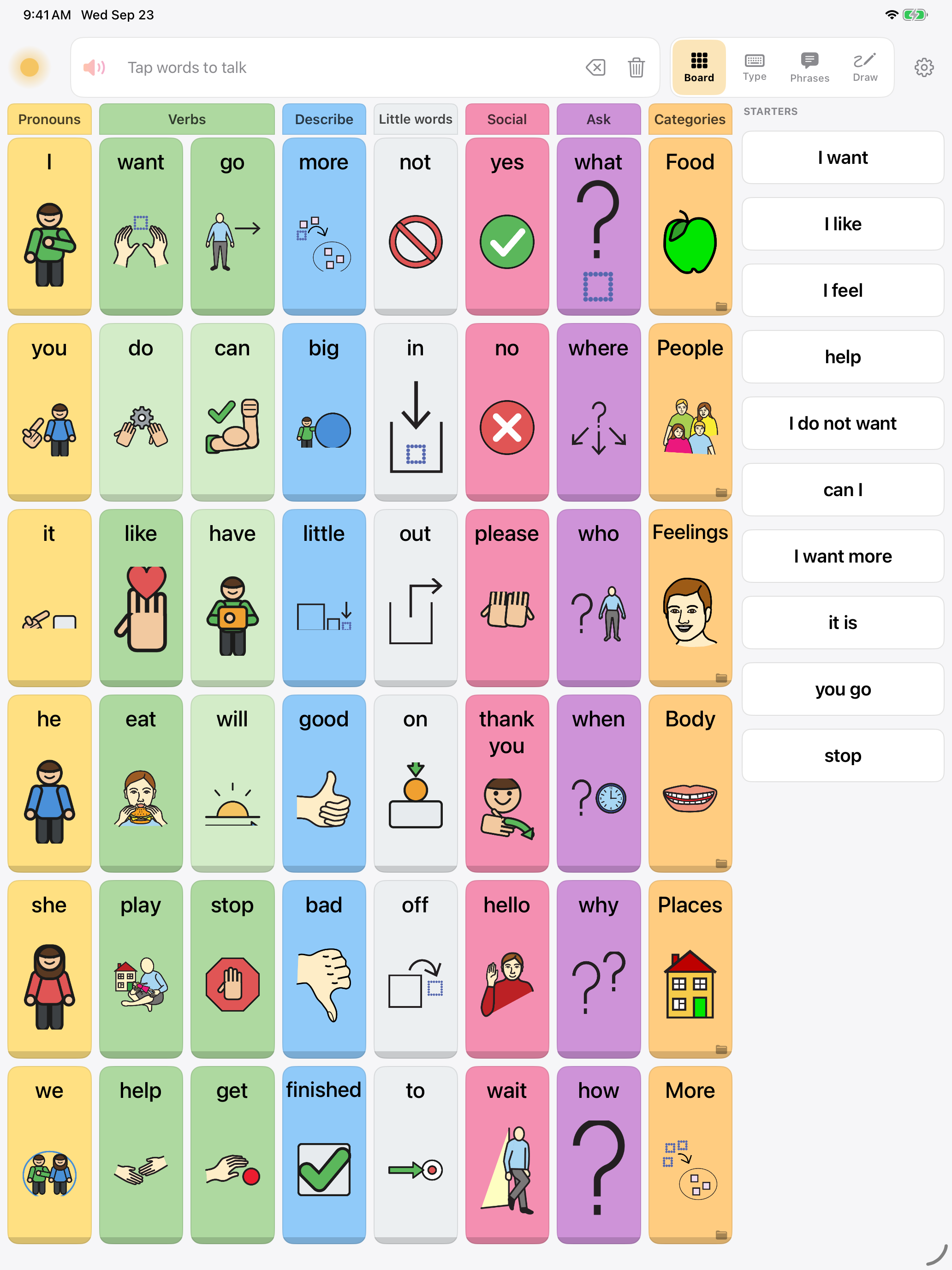Dawn symbol board on iPad: one colour per column, a lane tab over each column, the sentence starters beside the board