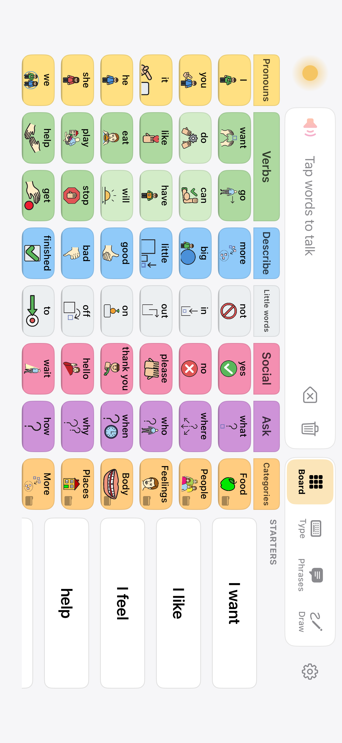Dawn symbol board on iPhone in landscape: the sun, the message bar, the colour-keyed lane tabs and the board