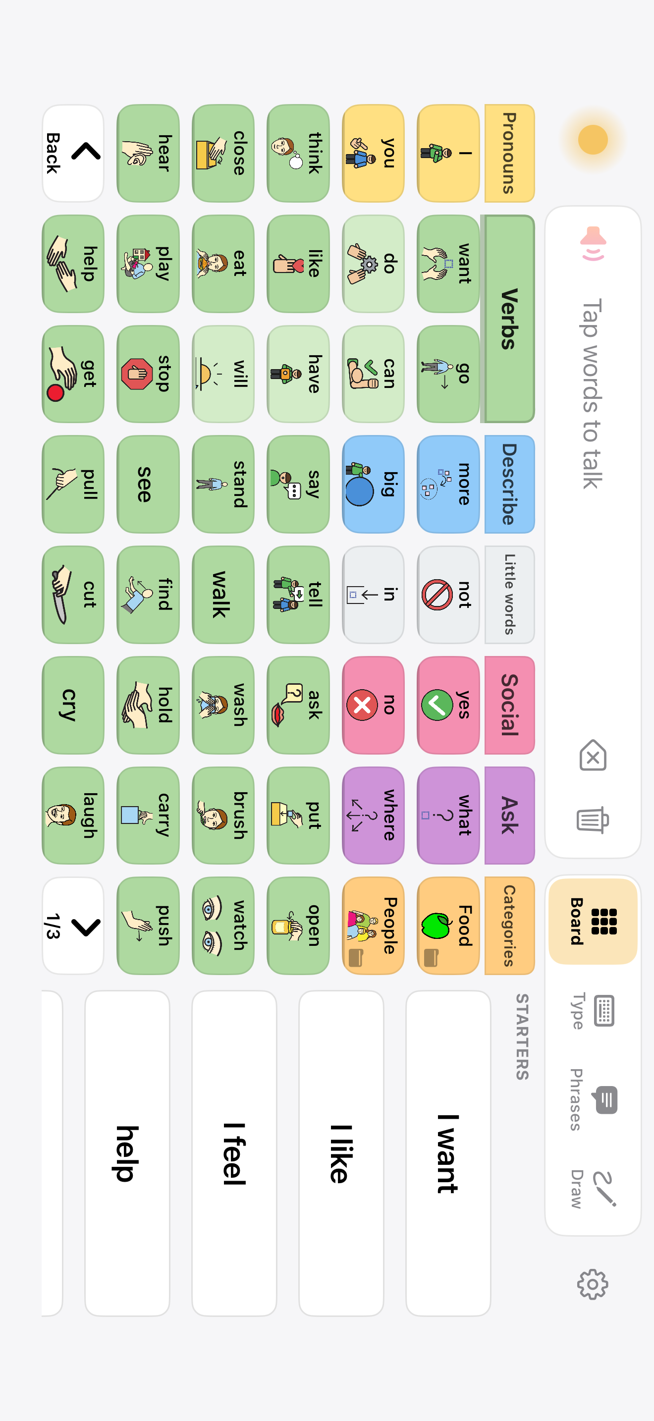 Dawn board on iPhone with the Verbs lane open, Back and page controls in the bottom corners