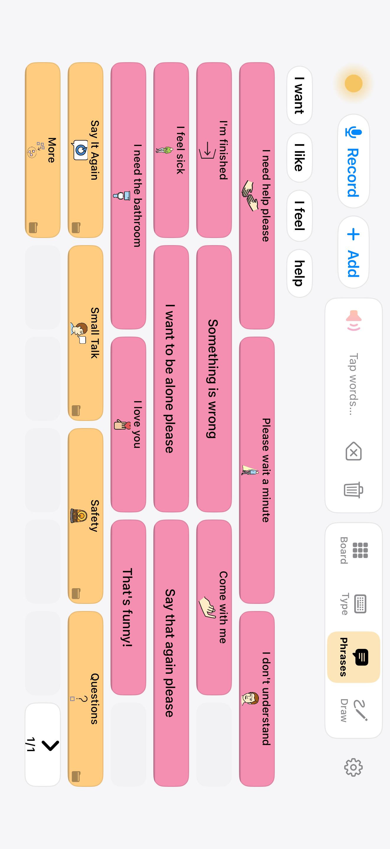 Dawn's Quick Phrases board on iPhone with Record and Add buttons